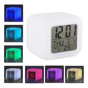 Relogio Digital Despertador Cubo Luminaria Infantil Led 7 Cores Termometro Calendario Alarme