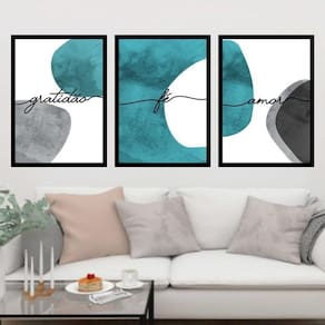 Kit 3 Quadros Gratidão, Fé, Amor - Turquesa 60X40Cm Preta
