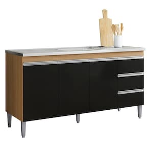 Balcão De Cozinha Com Pia Inox 160cm 3 Gavetas Andréia Amêndoa-preto - Ajl Móveis