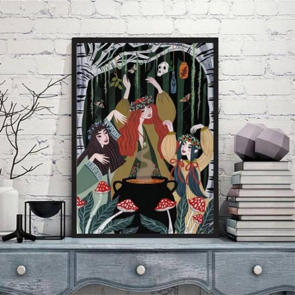 Quadro Decorativo As Três Bruxas 45X34Cm Moldura Preta
