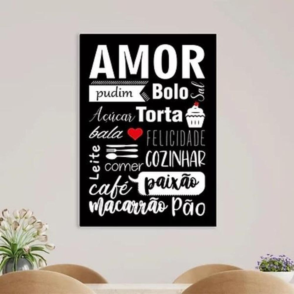 Quadro Cozinha Amor Nome De Comidas 33X24 C/Vidro - Preta