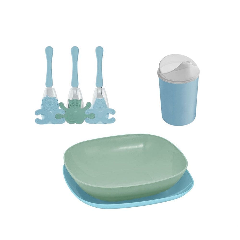Prato Copo e Talher Infantil Protetor Plastico Azul Jogo Kids