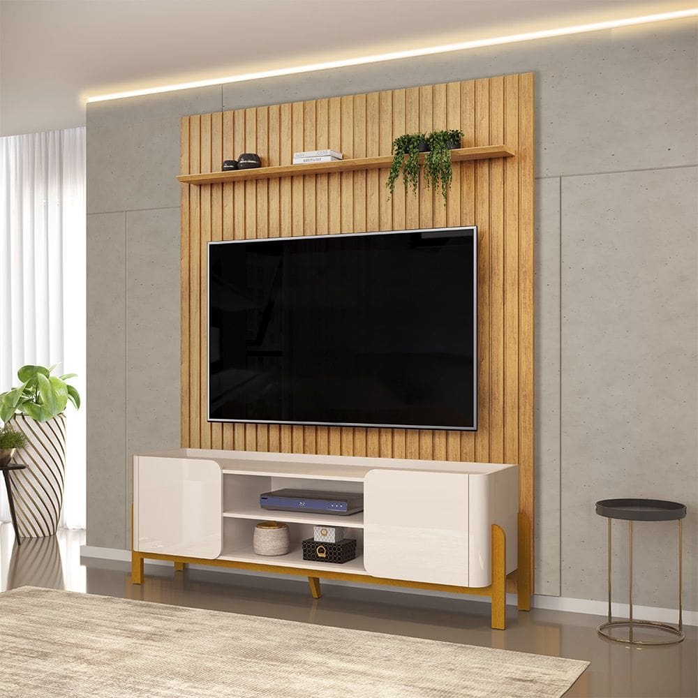 Painel Trento 183x240cm com Bancada Cher para TV até 65 Polegadas Off White Cedro DJ Móveis