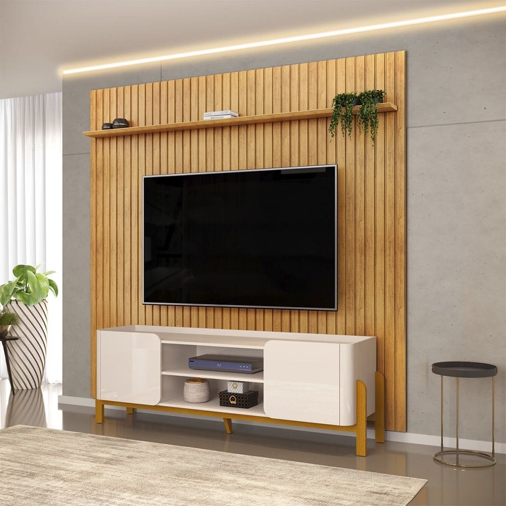 Painel Trento 250x240cm com Bancada Cher para TV até 65 Polegadas Off White Cedro DJ Móveis