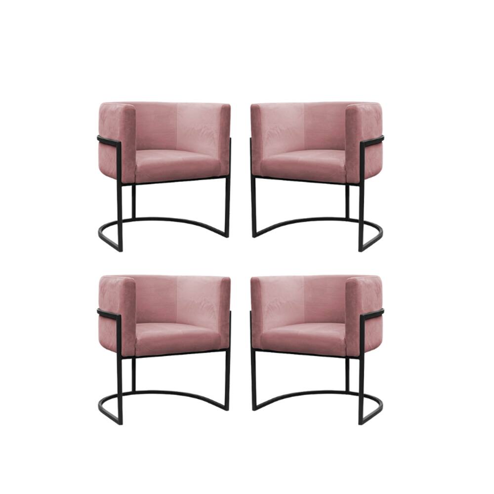 Kit 4 Poltronas Reforçadas Decorativa Sala Carla Base Ferro Preta Suede Rose