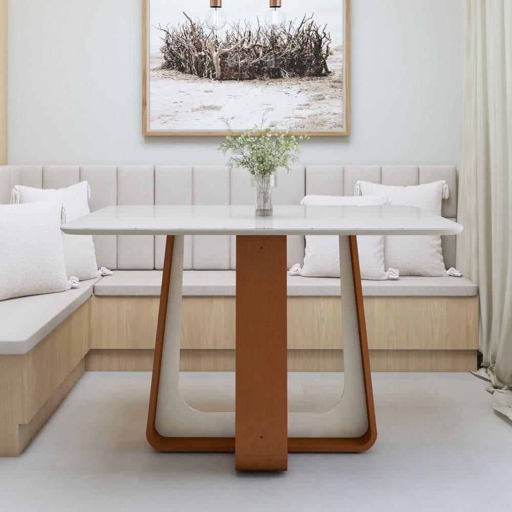 Mesa de Jantar Retangular 120cm Tampo com Vidro Sintonia Frassino/Off White
