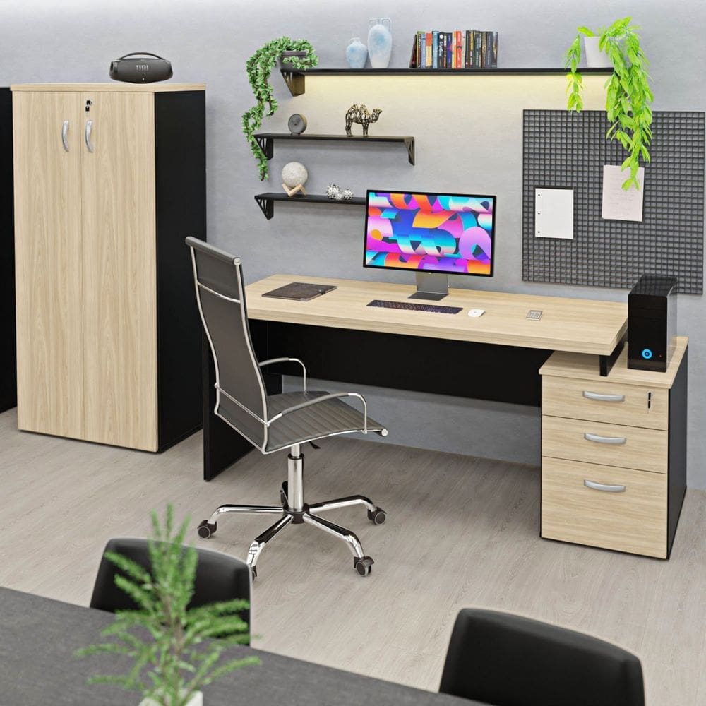 Conjunto Mesa Pedestal e  Armário Alto para Escritório Carvalho/ Preto