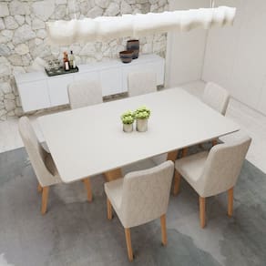 Conjunto Sala de Jantar 160cm Tampo MDF com 6 Cadeiras  Amêndoa Clean/Off White/Bege