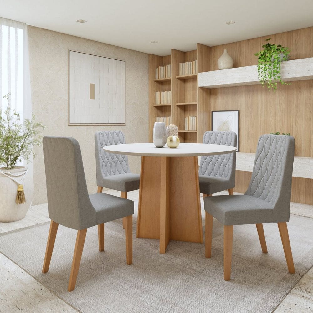 Conjunto de Mesa com 4 Cadeiras Tampo Redondo em MDF Luar Amêndoa Clean/Off White/Mosaico Cinza