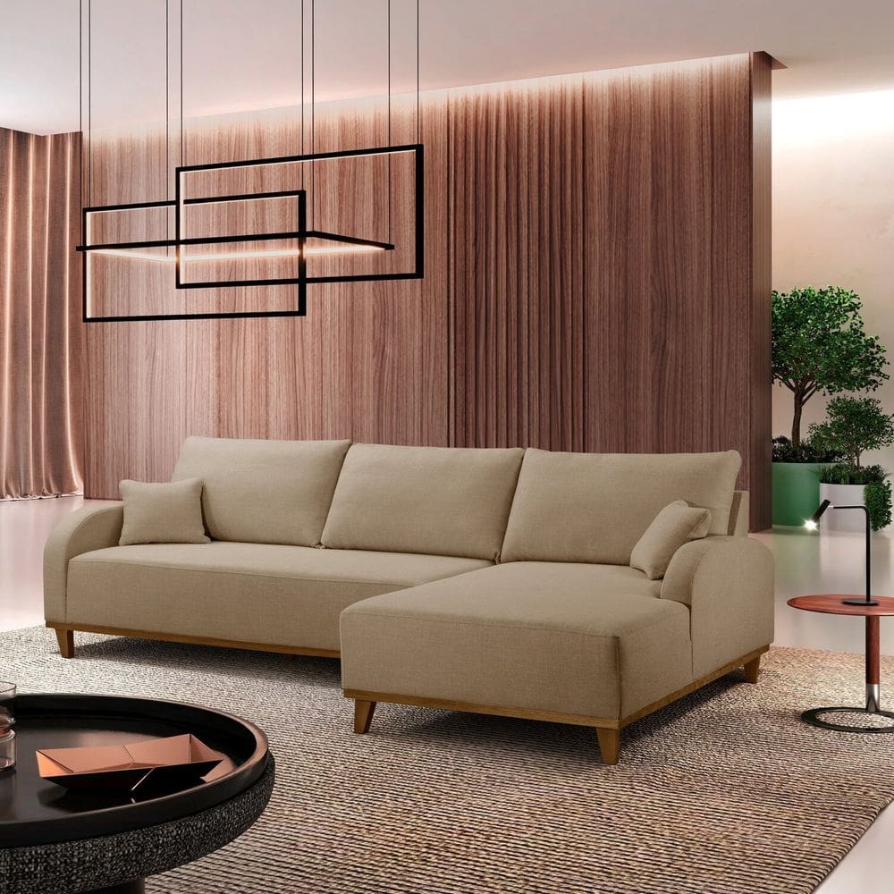 Sofá 4 Lugares com Chaise Lado Direito 300cm em Linho Mercúrio Bege