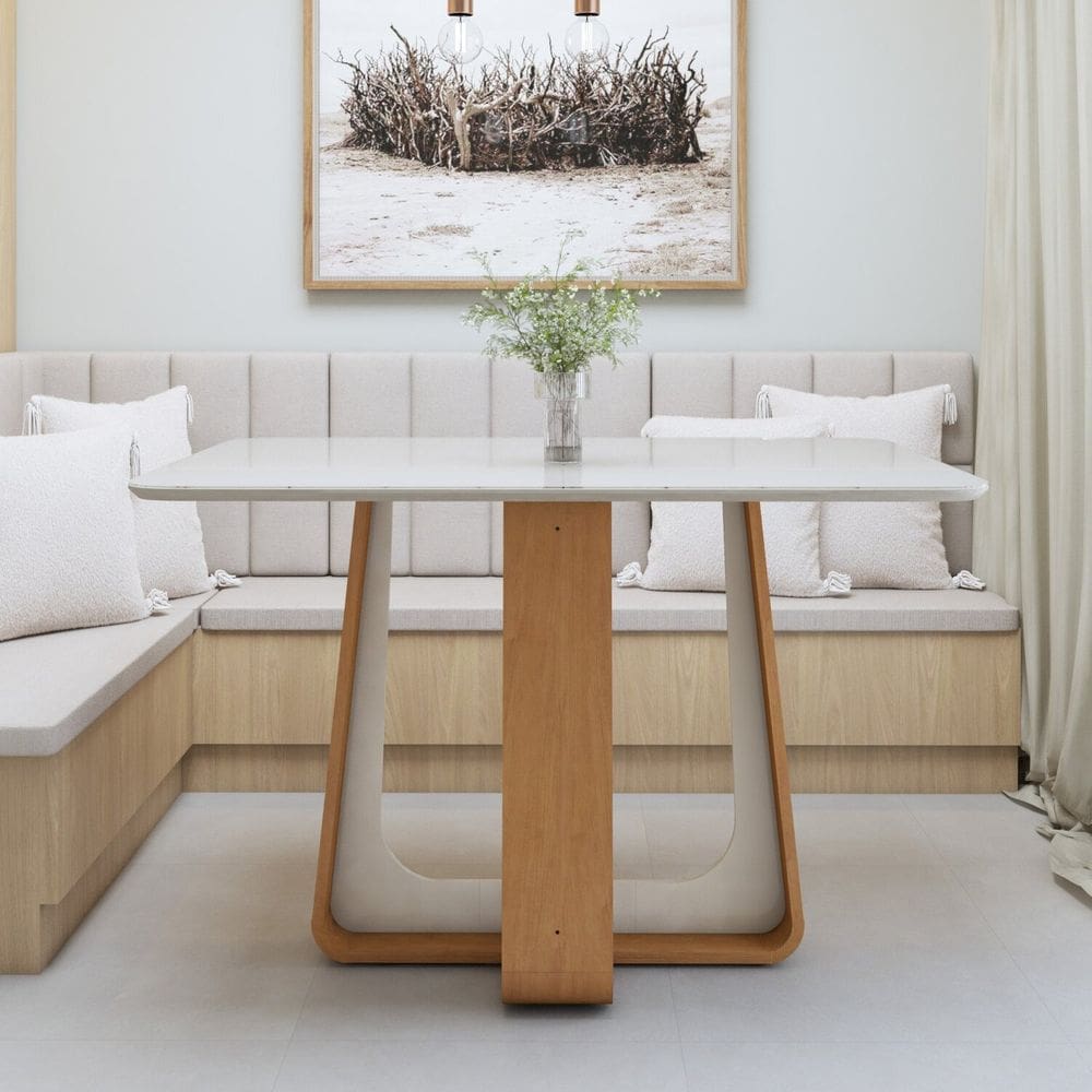 Mesa de Jantar Retangular 120cm Tampo com Vidro  Sintonia Amêndoa Clean/Off White