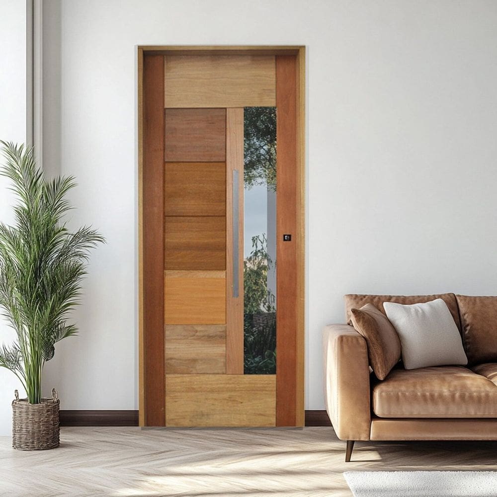 Porta com Visor Mista Batente Misto 14 Puxador Barra Chata 92 x 210cm Esquerdo Rodam 3B Natural