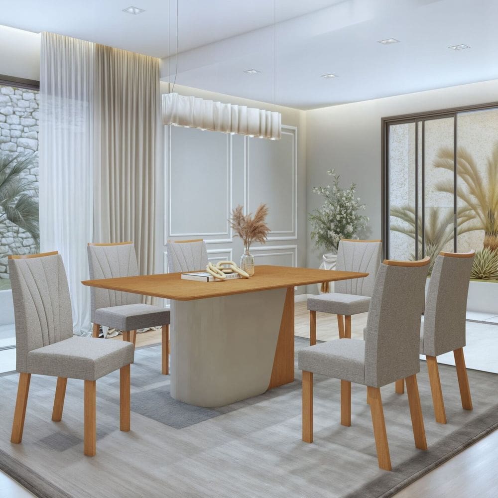 Conjunto Sala de Jantar Luar 170Cm Tampo No Glass com 6 Cadeiras Apogeu Amêndoa Clean/Off White/Amendoa Clean/Linho Mosaic