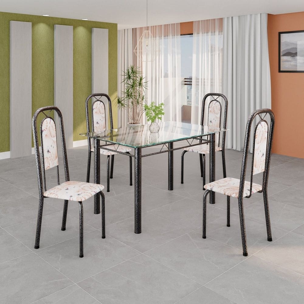 Conjunto de Mesa Tubular com 4 Cadeiras Lara Bege / Prata