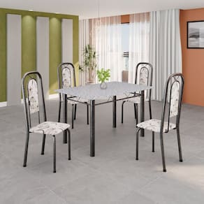 Conjunto de Mesa Tubular 120cm X 75cm Tampo Granito Ocre com 4 Cadeiras Lara Arabesco / Mart Prata