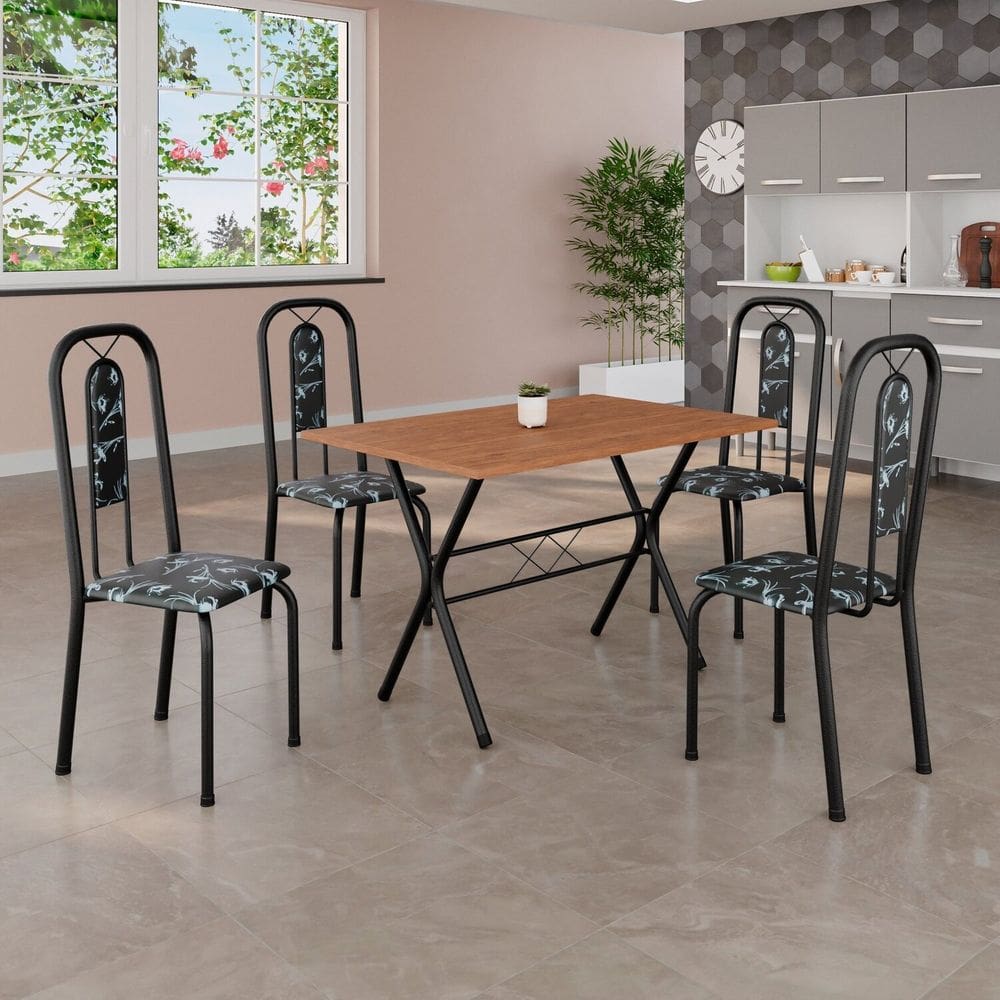 Conjunto de Mesa Tubular 100cm x 60cm Tampo em MDF com 4 Cadeiras Lívia Preto