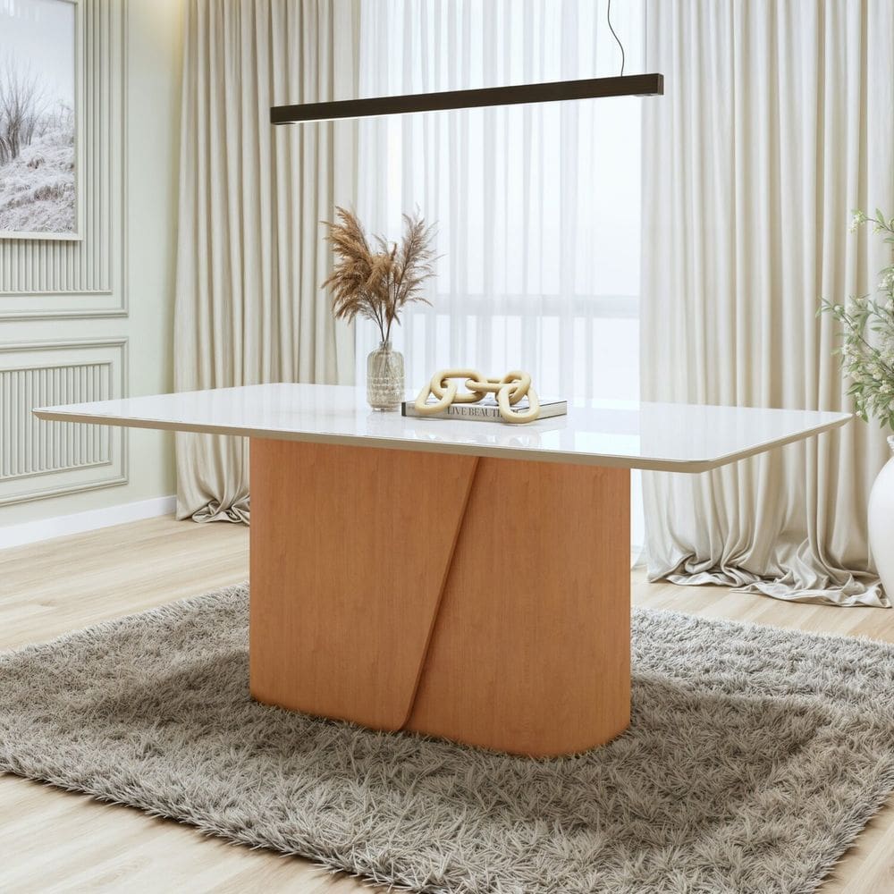 Mesa de Jantar Retangular 78x170x90cm Tampo com Vidro Amêndoa Clean/Off White