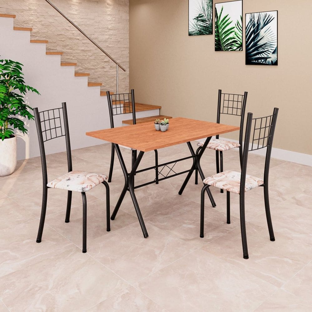 Conjunto de Mesa Tampo em MDF com 4 Cadeiras Dany Bege/Preto/Cinamomo