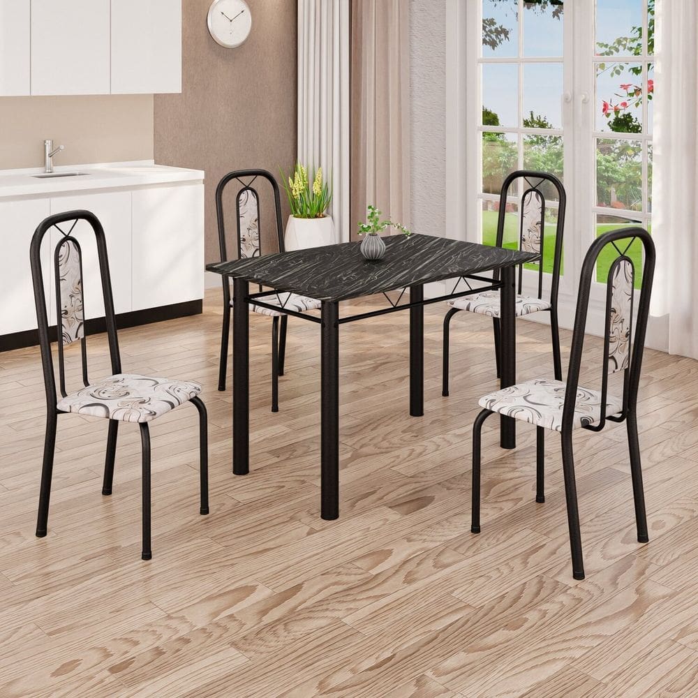Conjunto de Mesa com 4 Cadeiras Lívia Arabesco/Preto