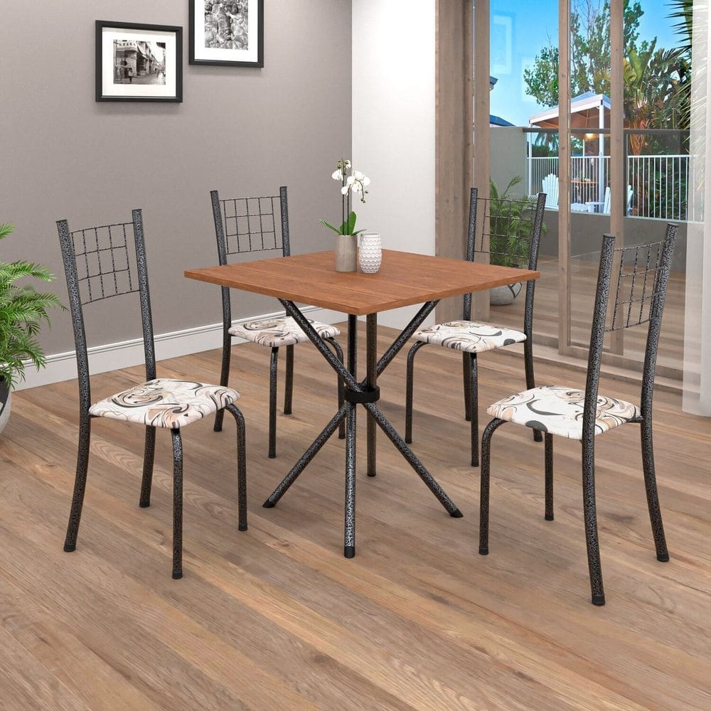 Conjunto de Mesa Tubular 70cm X 70cm Tampo em Mdf com 4 Cadeiras Dany Mart Prata