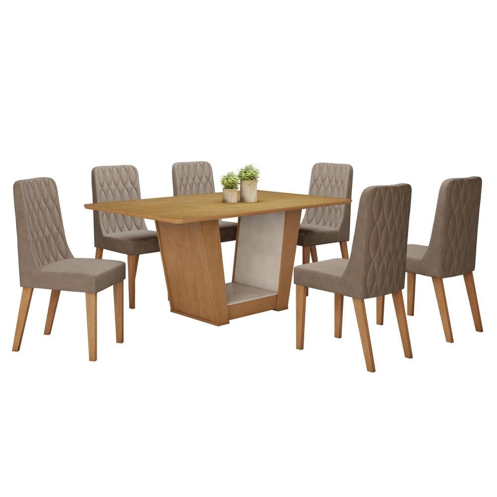 Conjunto Sala de Jantar 170cm com 6 Cadeiras  Amêndoa Clean/Off White/Bege