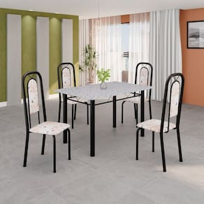 Conjunto de Mesa Tubular 120cm X 75cm Tampo Granito Ocre com 4 Cadeiras Lara Botanic Bege/Preto