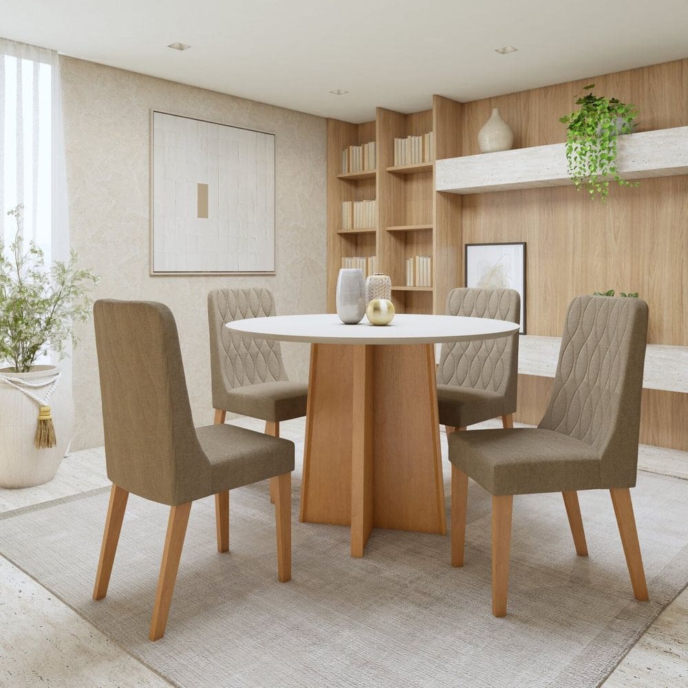 Conjunto de Mesa com 4 Cadeiras Tampo Redondo em MDF Luar Amêndoa Clean/Off White/Bege