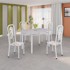 Conjunto de Mesa Tubular 120cm X 75cm Tampo Granito Ocre com 4 Cadeiras Lara Arabesco / Branco