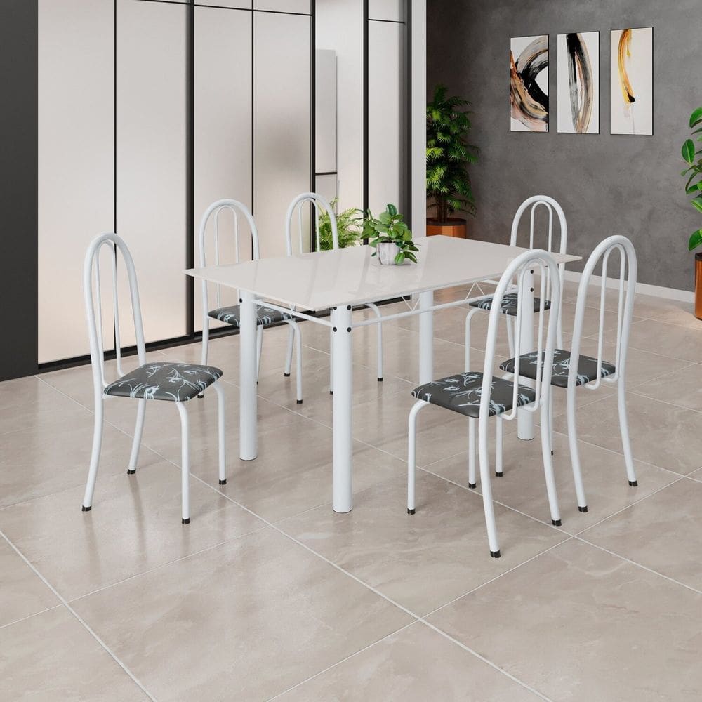Conjunto de Mesa Tubular 140cm X 75cm Tampo em Vidro com 6 Cadeiras Iris B Preto/Branco