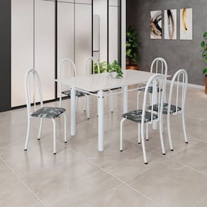 Conjunto de Mesa Tubular 140cm X 75cm Tampo em Vidro com 6 Cadeiras Iris B Preto/Branco