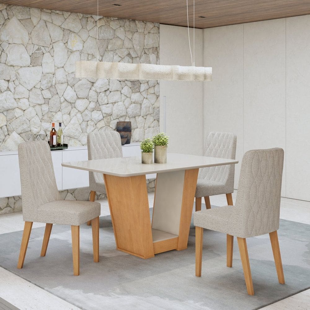 Conjunto Sala de Jantar Mesa Apogeu com 4 Cadeiras Luar Amêndoa Clean/Off White/Bege