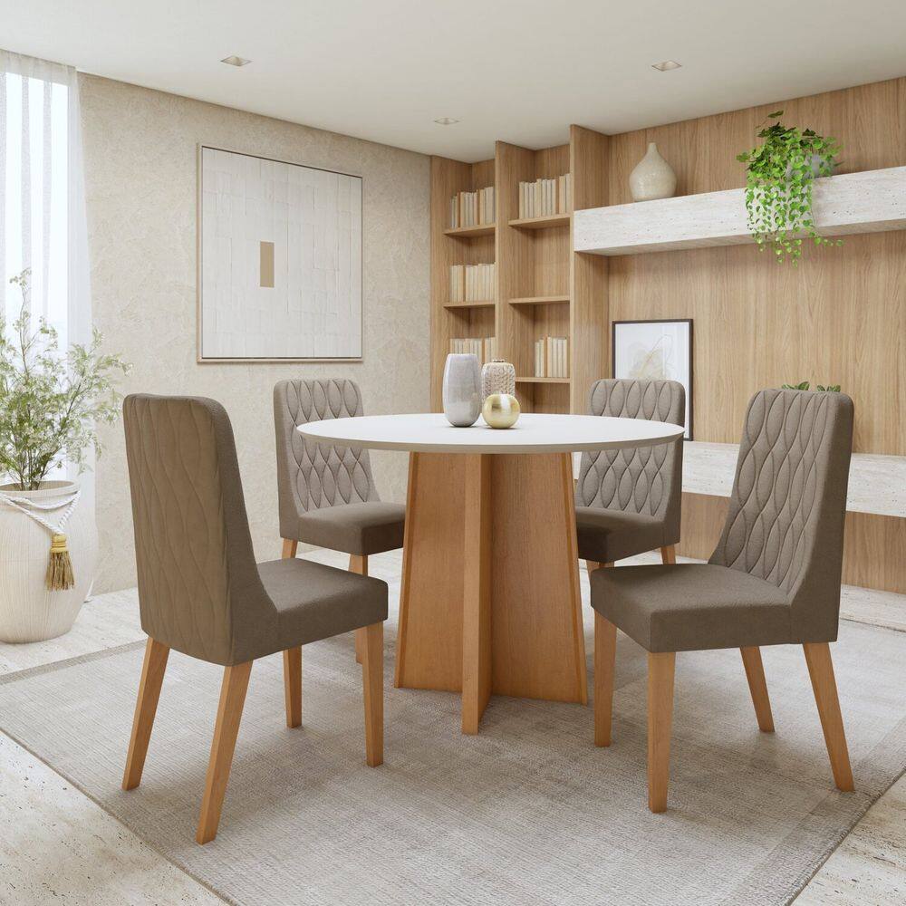Conjunto de Mesa com 4 Cadeiras Tampo Redondo em MDF Luar Amêndoa Clean/Off White/Bege
