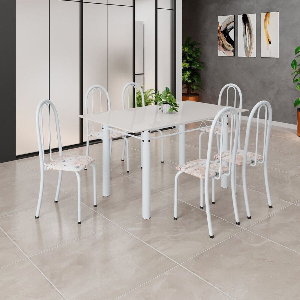 Conjunto de Mesa Tubular 140cm X 75cm Tampo em Vidro com 6 Cadeiras Iris B Botanic Bege / Branco