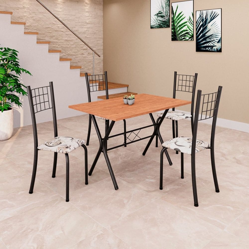 Conjunto de Mesa Tubular 62 100x60cm Tampo em Mdf Cinamomo com 4 Cadeiras Dany Arabesco/Preto/Cinamomo