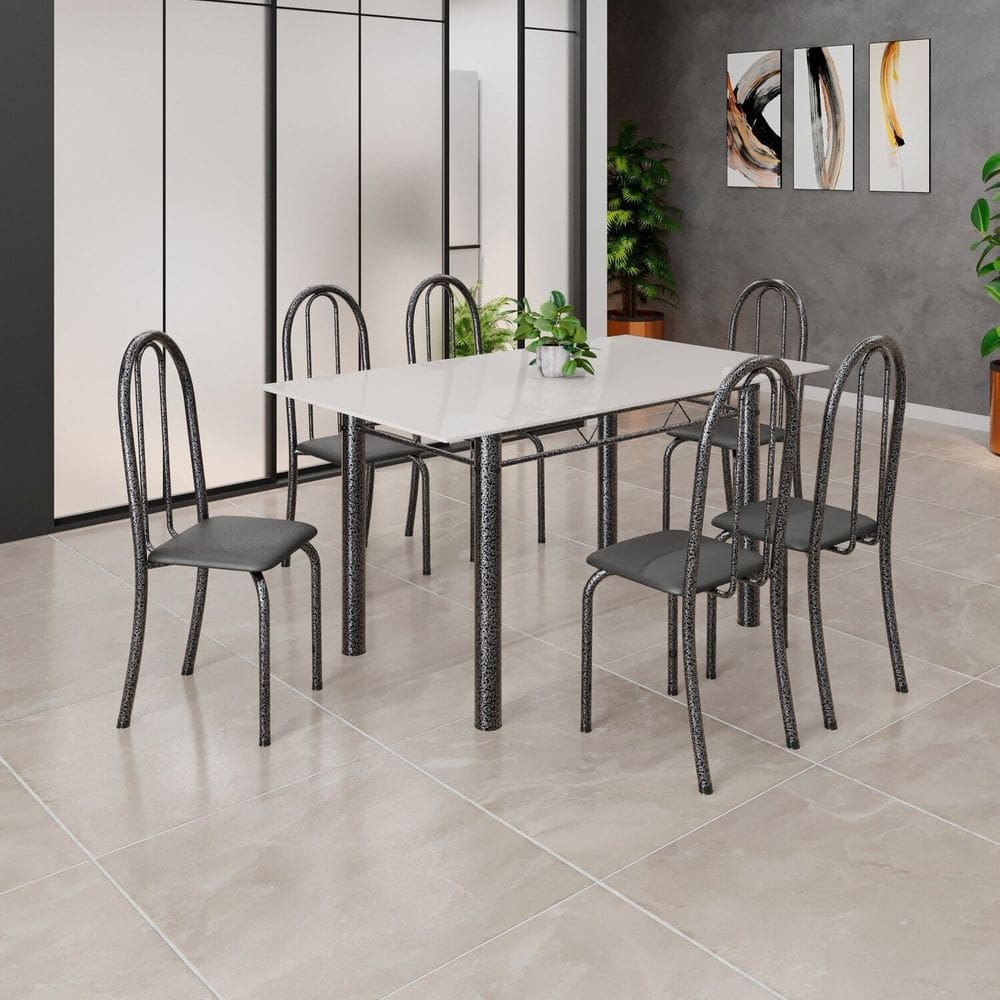 Conjunto de Mesa Tubular 140cm X 75cm Tampo em Vidro com 6 Cadeiras Iris B Preto Liso/Martelado Prata