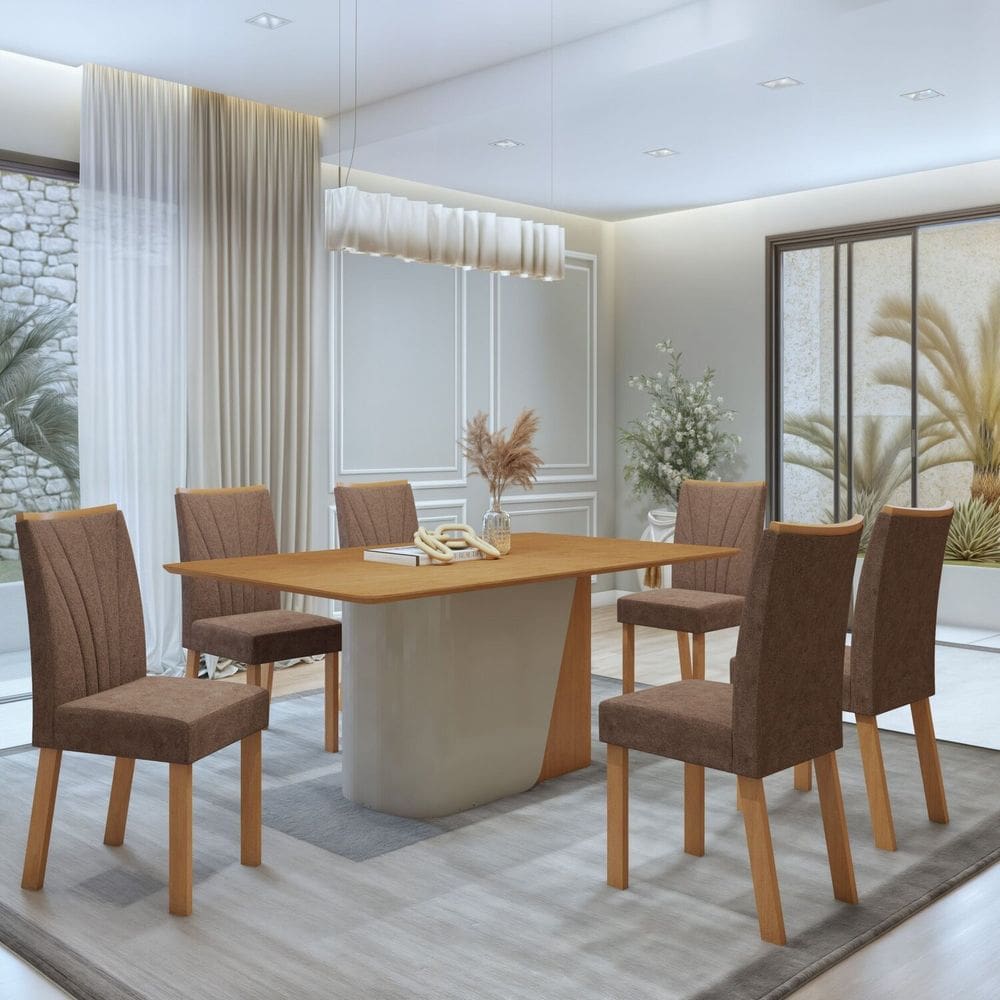 Conjunto Sala de Jantar Luar 170Cm Tampo No Glass com 6 Cadeiras Apogeu Amêndoa Clean/Off White/Amendoa Clean/Couro Morano