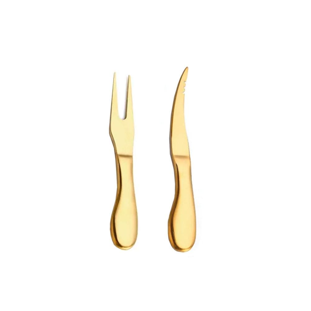 Faca Garfo Queijo Camarao Jogo Aço Inox Dourado 2un