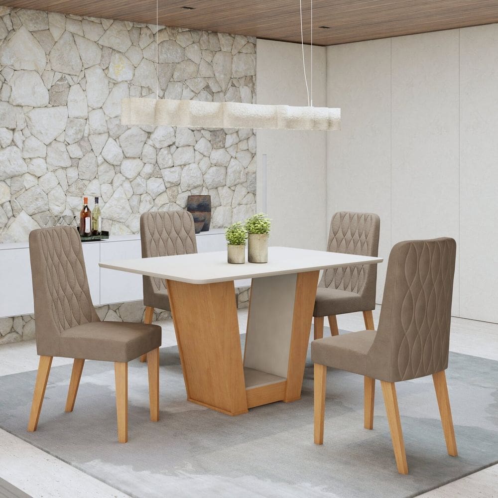 Conjunto Sala de Jantar Mesa Apogeu com 4 Cadeiras Luar Amêndoa Clean/Off White/Animale Bege