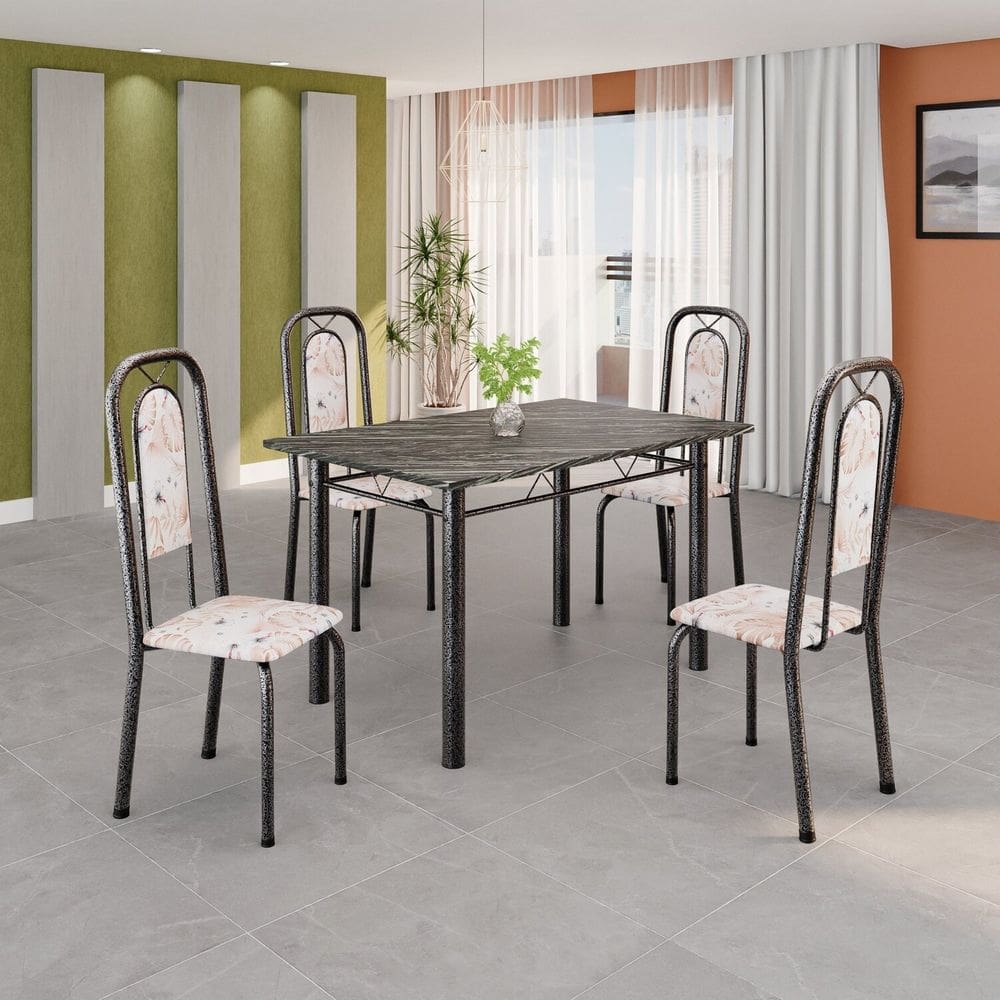 Conjunto de Mesa Tubular 120cm X 75cm Tampo Ardósia Indiano com 4 Cadeiras Lara Botanic Bege / Mart Prata