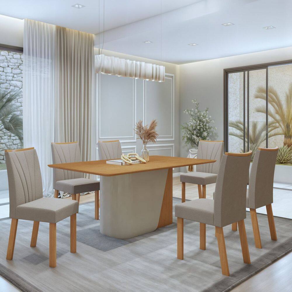 Conjunto Sala de Jantar Luar 170Cm Tampo No Glass com 6 Cadeiras Apogeu Amêndoa Clean/Off White/Amendoa Clean/Veludo Natur