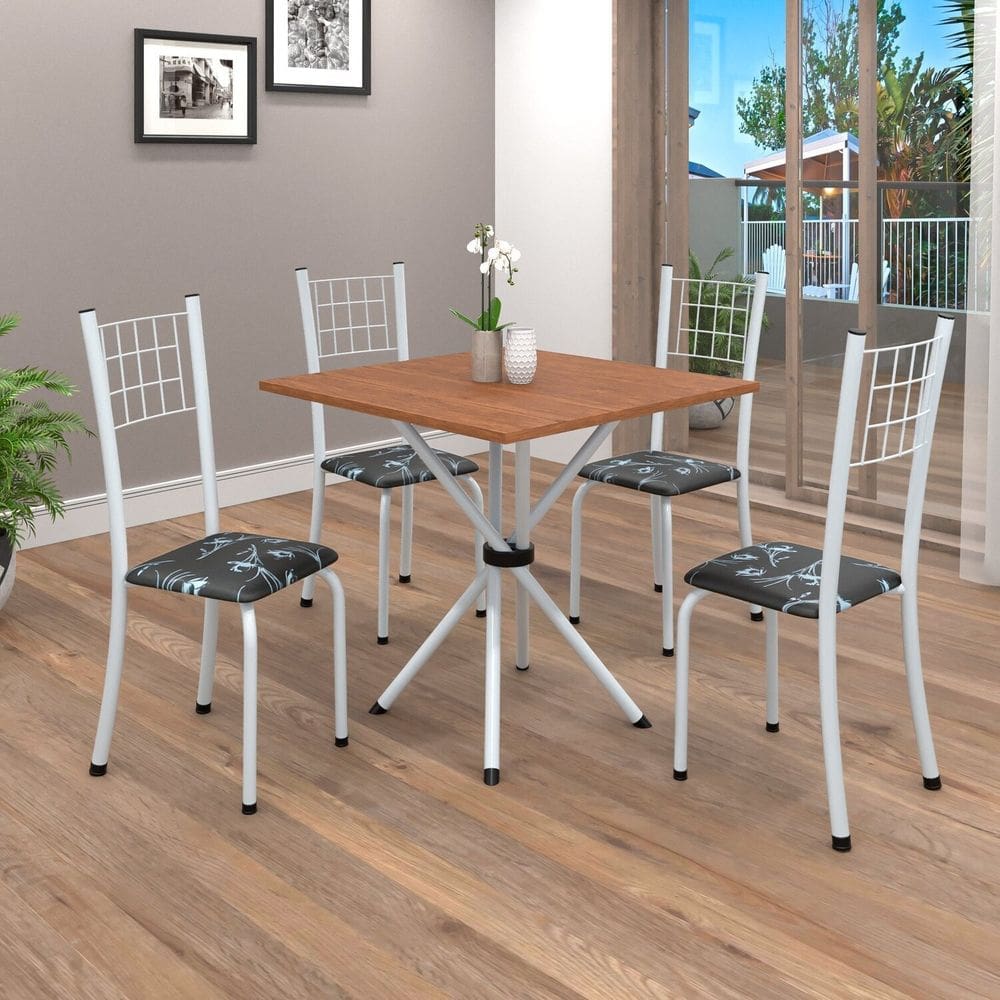 Conjunto de Mesa Tubular 70cm X 70cm Tampo em Mdf com 4 Cadeiras Dany Preto/Branco