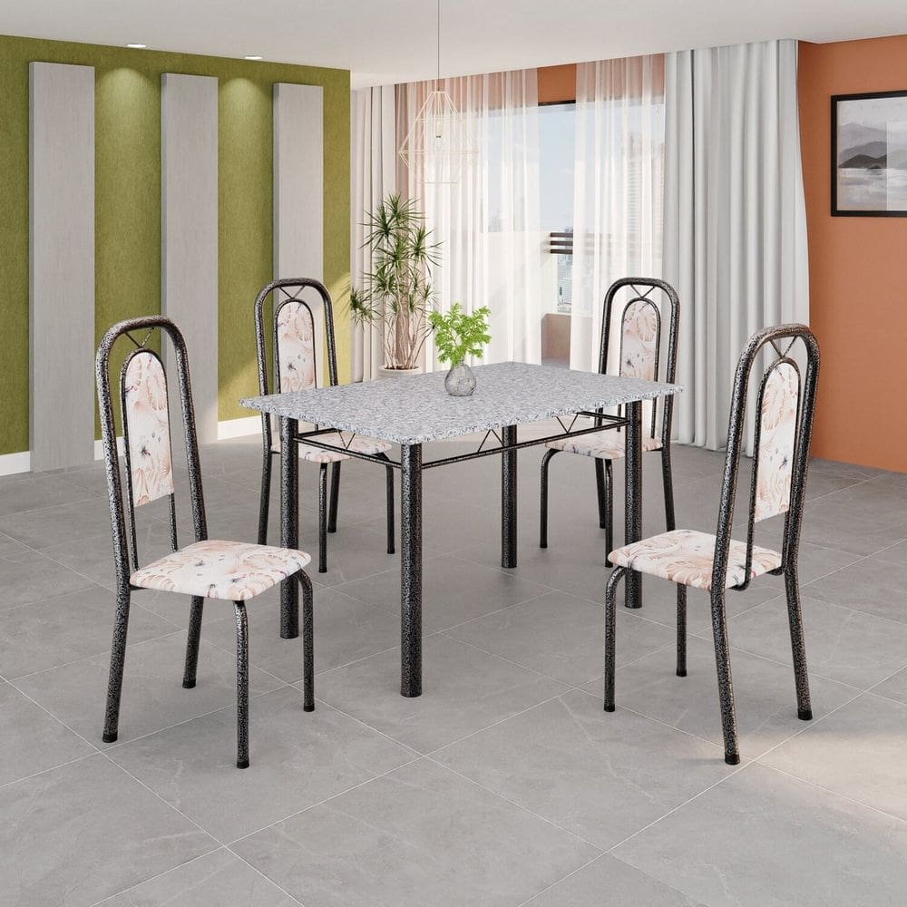 Conjunto de Mesa Tubular 120cm X 75cm Tampo Granito Ocre com 4 Cadeiras Lara Botanic Bege / Mart Prata