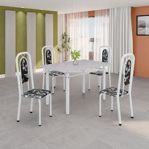 Conjunto de Mesa Tubular 120cm X 75cm Tampo Granito Ocre com 4 Cadeiras Lara Floral Preto / Branco