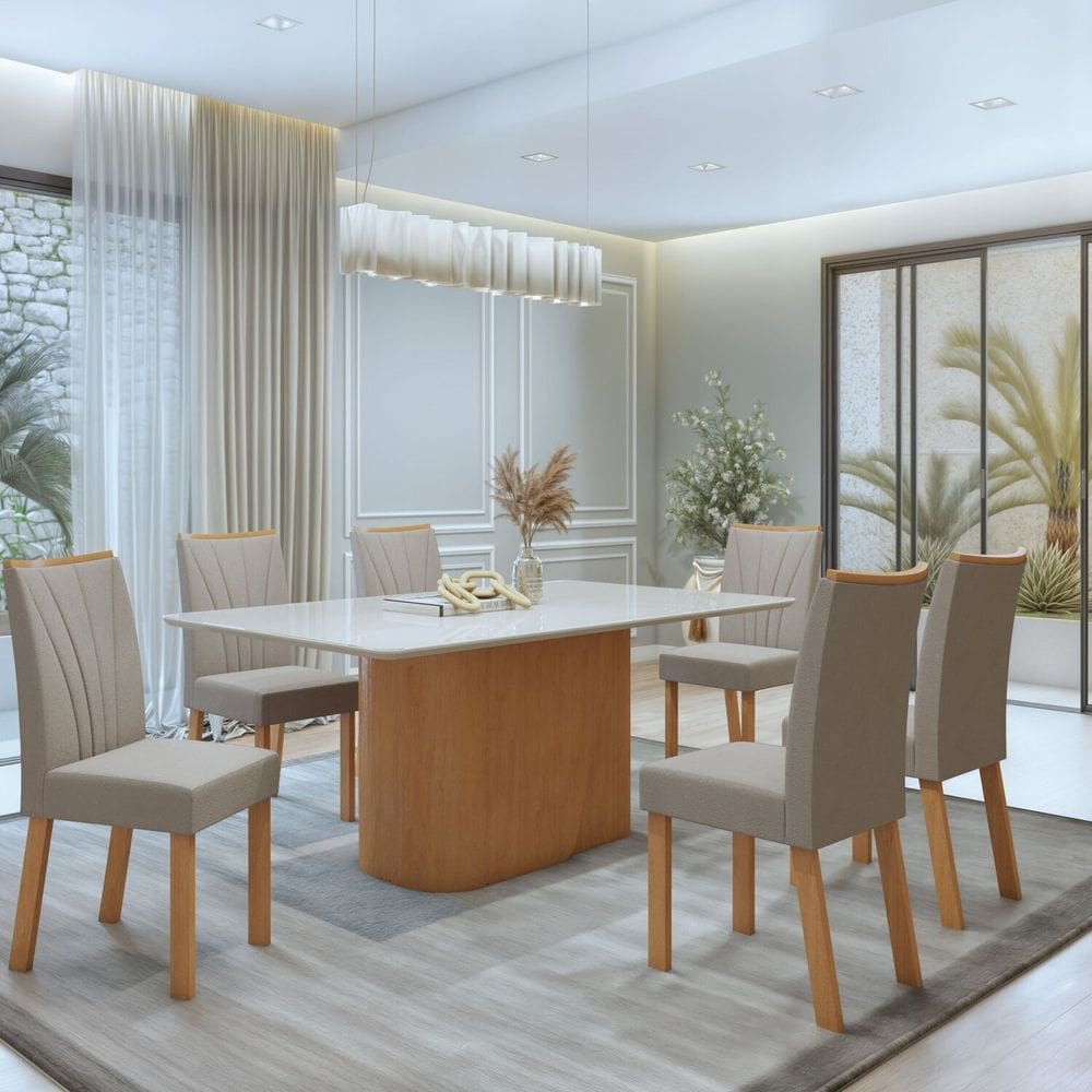 Conjunto Luar 170cm Tampo MDF com Vidro e 6 Cadeiras Apogeu Amêndoa Clean/Off White/ Naturale Creme