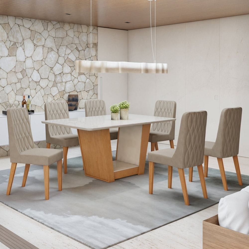 Conjunto Apogeu 170cm Tampo MDF com Vidro e 6 Cadeiras Luar Amendoa Clean/Off White/Veludo Naturale Creme