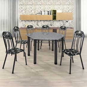 Conjunto Sala de Jantar Mesa Sextavada Paris Preto/ Prata/ Granito