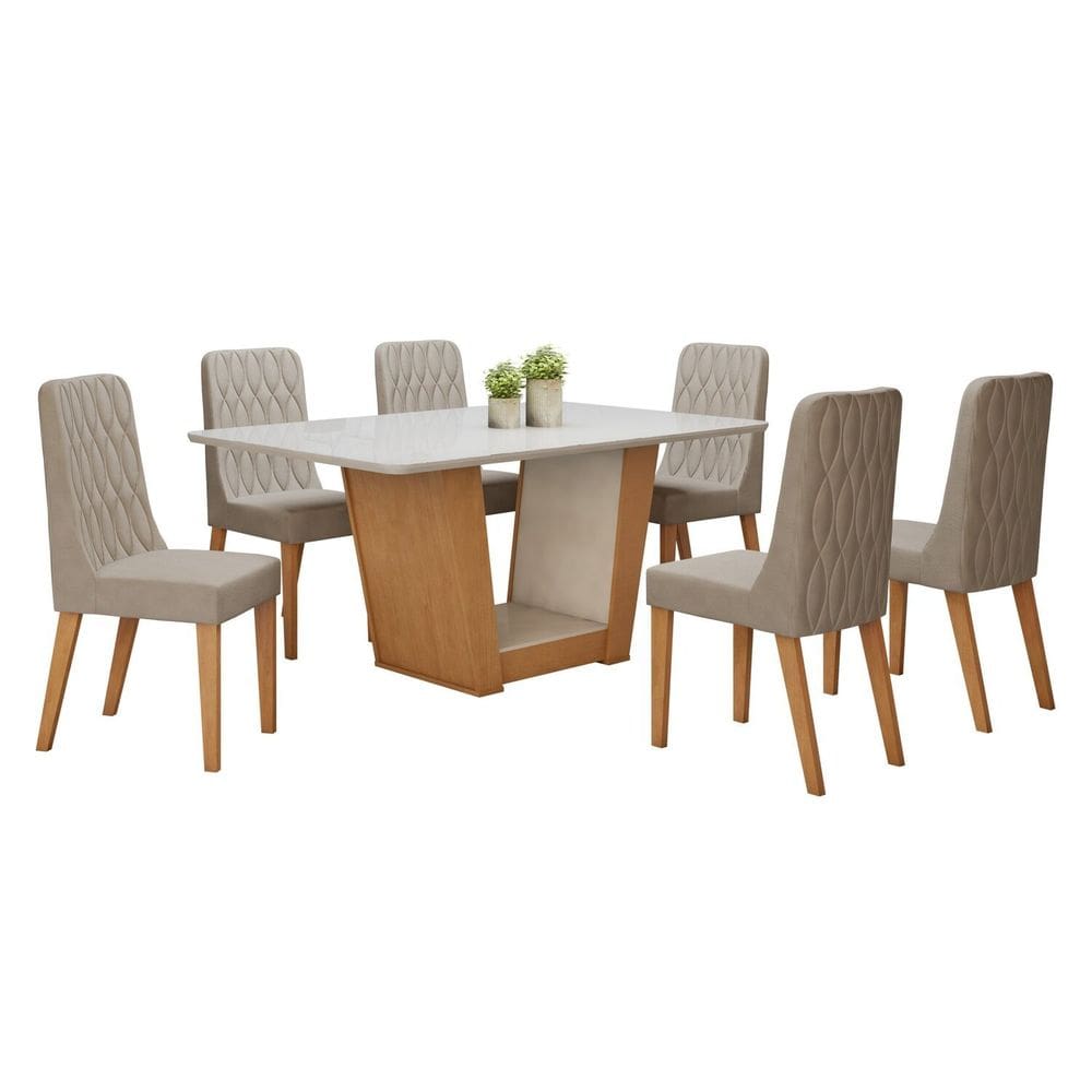 Conjunto Sala de Jantar 160cm Tampo MDF com Vidro e 6 Cadeiras Amêndoa Clean/Off White/Creme