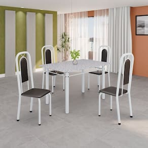 Conjunto de Mesa Tubular 120cm X 75cm Tampo Granito Ocre com 4 Cadeiras Lara Preto Liso/Branco