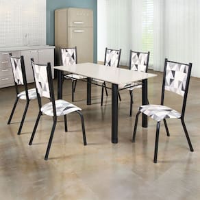 Conjunto Sala de Jantar Mesa Retangular 6 Cadeiras Ametista katar / Preto / Off White