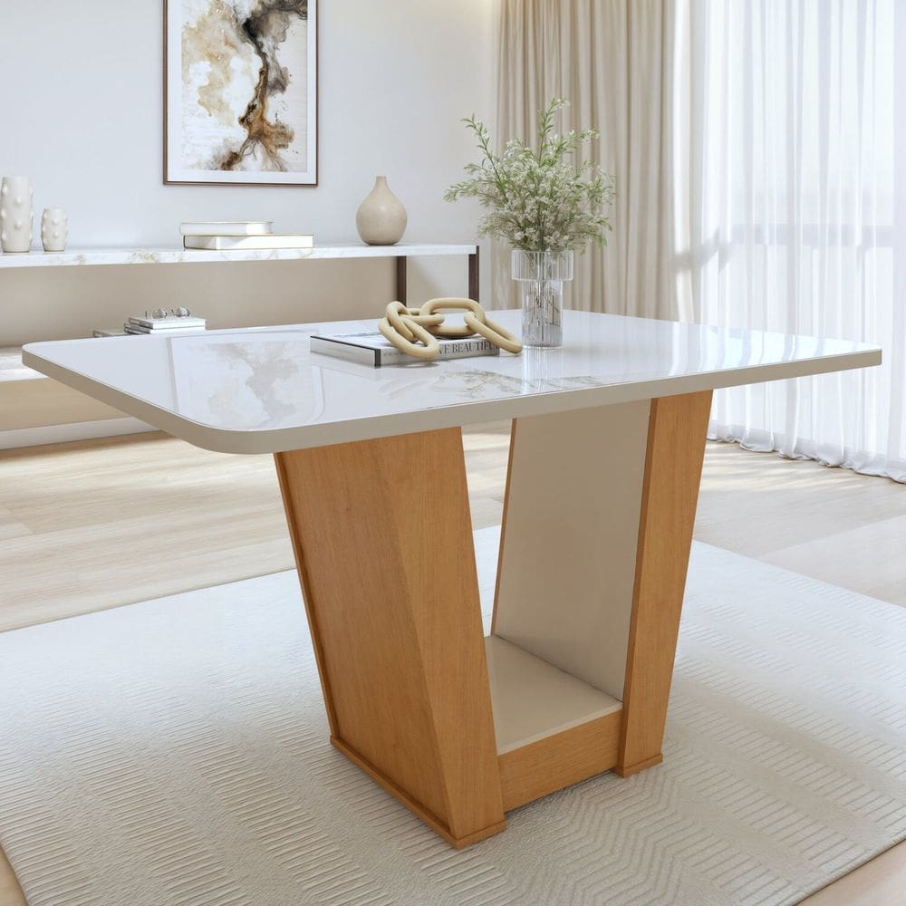 Mesa de Jantar Retangular 120cm Maxi Tampo com Vidro Apogeu Amêndoa Clean/Off White